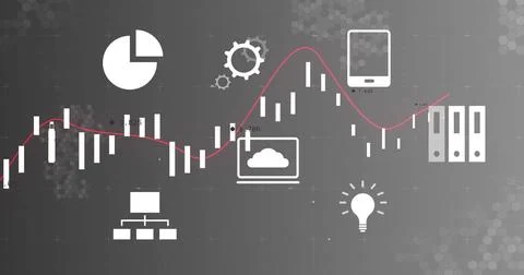 Financial data analysis image with icons of charts, gears, and technology 스톡 사진