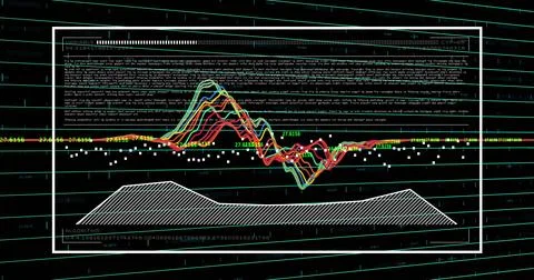 Financial data analysis image over fluctuating stock market graphs and text Illustrazione stock