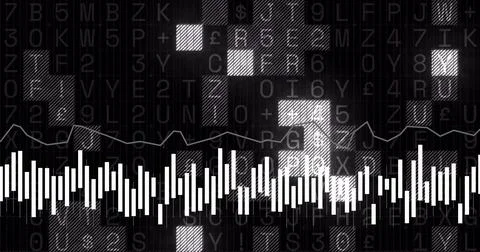 Financial data analysis image over fluctuating bar and line graphs イラスト素材