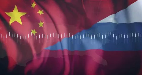 Financial data analysis image over Chinese and Russian flags Illustrazione stock