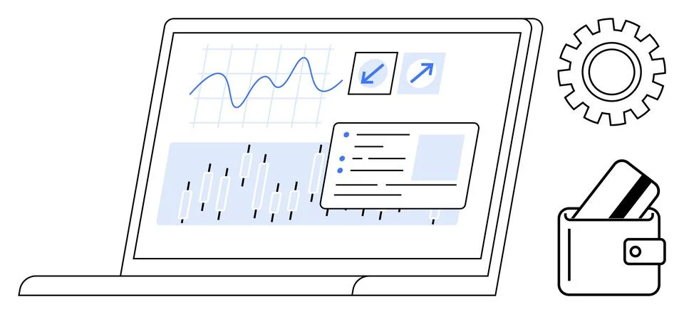 Financial data analysis on a laptop screen displaying graphs and charts besid Stock Illustration