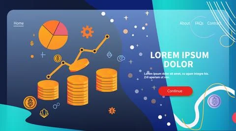 Financial data analysis with pie chart coins and growth graph on abstract Illustrazione stock