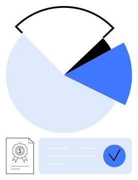 Financial Data Analysis with Pie Chart and Document Certification Elements Illustrazione stock