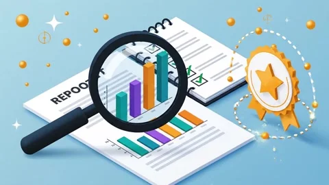 Financial data analysis report with colorful bar charts and magnifying glass Stock Footage 347257284