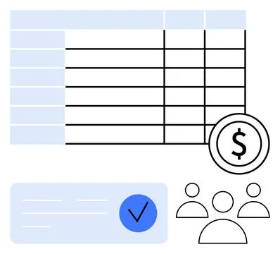 Financial Data Analysis with Spreadsheet, Dollar Sign, and Team Icons Highl.. Stock Illustration