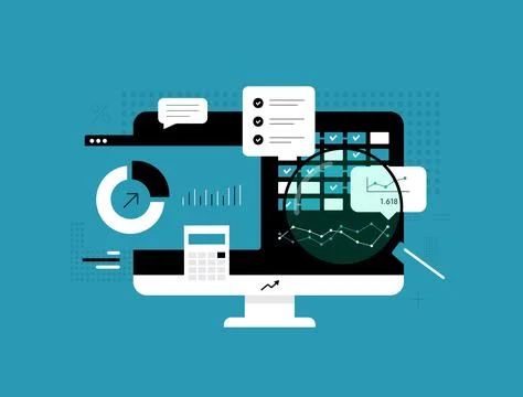 Financial data analytics dashboard with charts, graphs and magnifying glass Stock Illustration