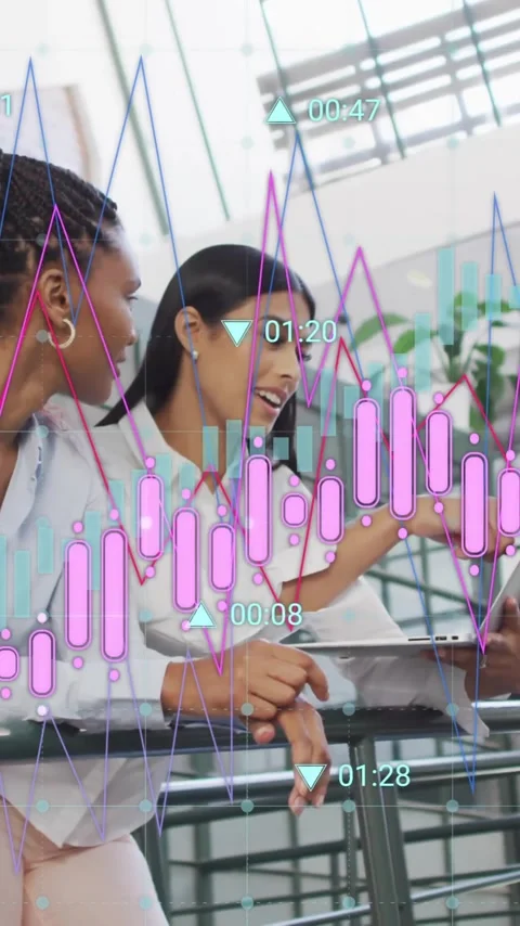Financial data and analytics animation over diverse businesswomen discussing in Stock Footage 341927913