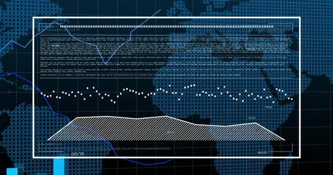 Financial data and analytics image over digital map of world 스톡 일러스트