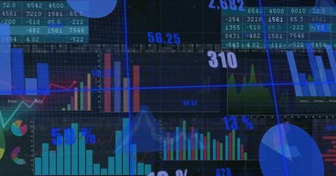 Financial data and analytics image over various charts and graphs Stock Illustration