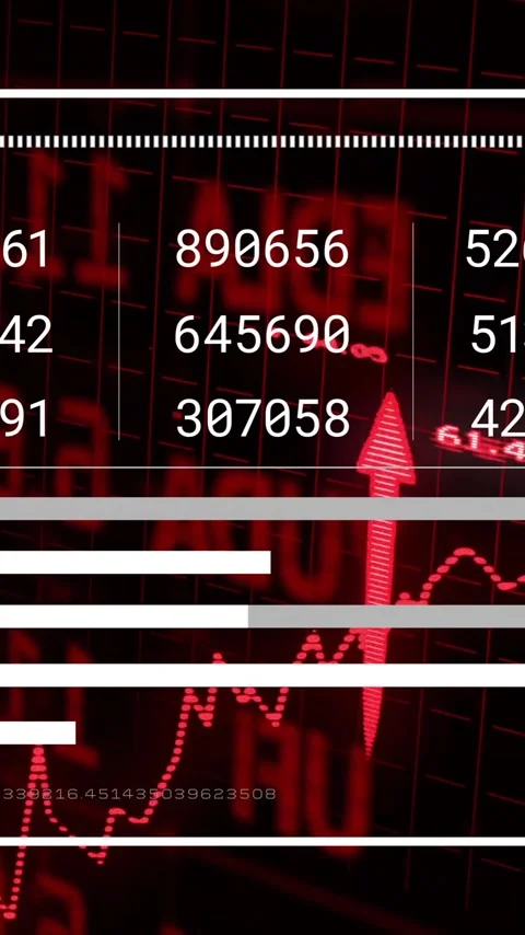 Financial data and bar chart animation over red stock market graphs Stock Footage 342997302