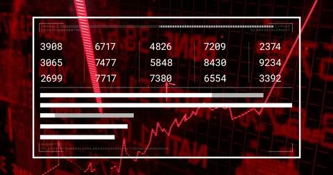 Financial data and bar chart image over red stock market graphs 스톡 일러스트