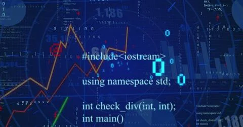 Financial data and binary code image over stock market graphs and charts 写真素材