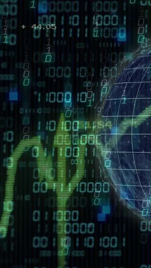 Financial data and binary coding animation over globe with stock market trends Vidéo 342643584