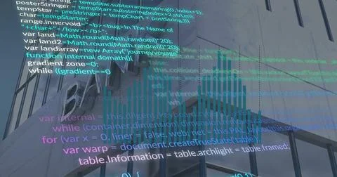 Financial data and code overlay on building exterior, representing fintech Stock Photos