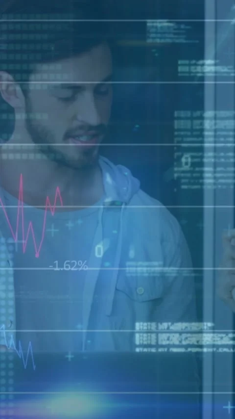 Financial data and coding animation over business people discussing in office Stock Footage 320150280