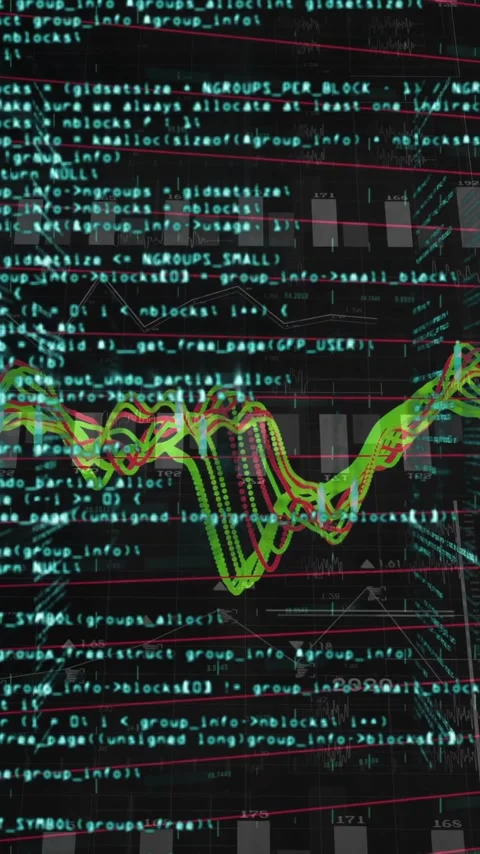 Financial data and coding animation over fluctuating stock market graph Stock Footage 343615900