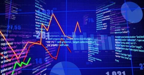 Financial data and coding image over fluctuating stock market graph and charts Stock Illustration