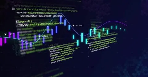 Financial data and coding image over stock market chart with glowing lines Stock Illustration