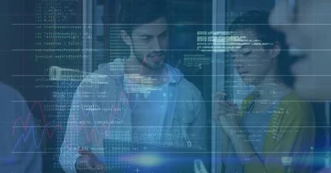 Financial data and coding image over business people discussing in office Stock Photos