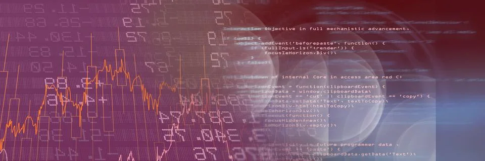 Financial data and computer code against gradient background, finance and Stock Illustration