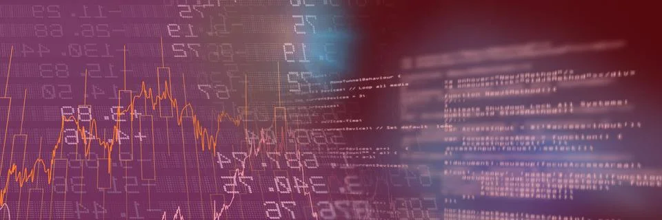 Financial data and computer code against gradient background, finance and Stock Illustration