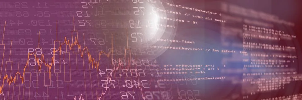 Financial data and computer code against gradient background, finance and Stock Illustration