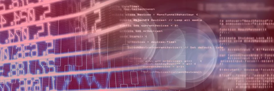 Financial data and computer code against gradient background, finance and Stock Illustration