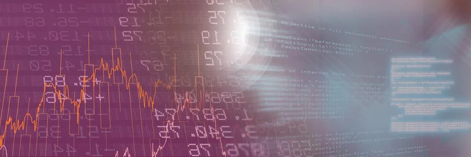 Financial data and computer code against gradient background, finance and Stock Illustration