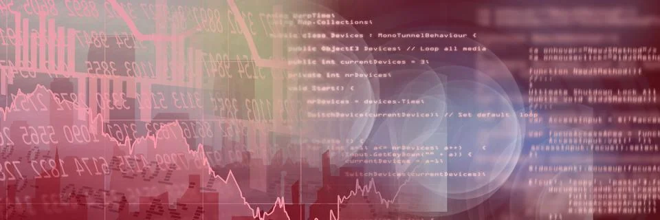 Financial data and computer code against city landscape, finance and programming Stock Illustration