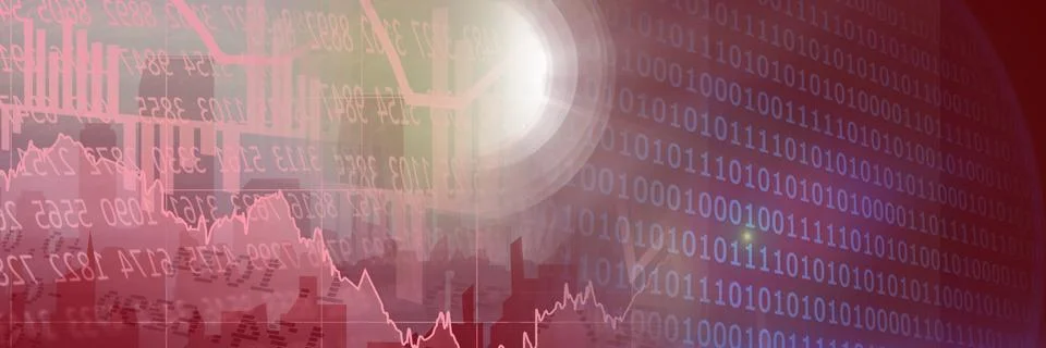 Financial data and computer code against city landscape, finance and programming Stock Illustration