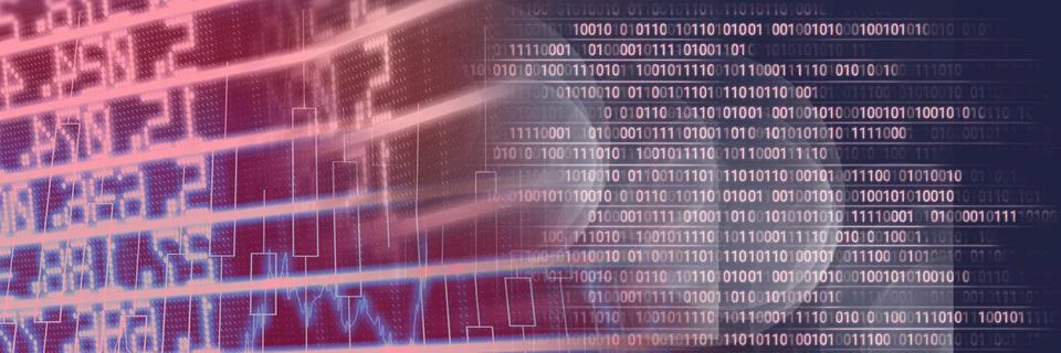 Financial data and computer code against gradient background, finance and Illustrazione stock