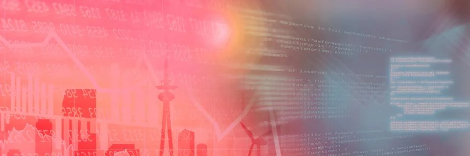 Financial data and computer code against city landscape, finance and programming 스톡 일러스트