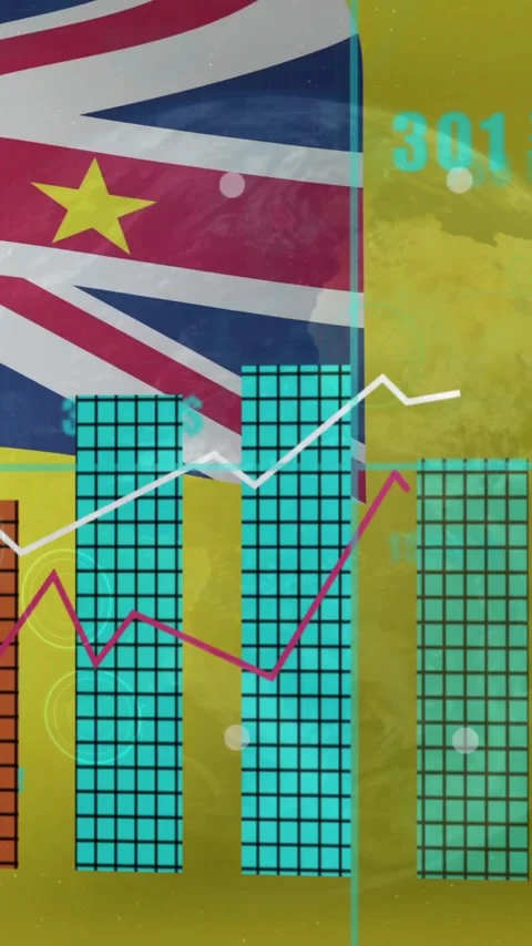 Financial data and currency animation over flag of Niue and moon background Video stock 341927959