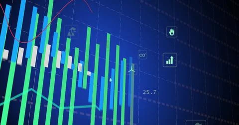 Financial data and environmental icons image over bar and line graphs Stock Photos