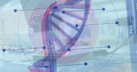 Financial data and financial map over dice against hands using laptop Stock Illustration