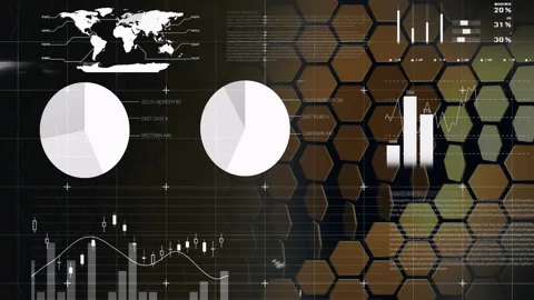 Financial data and global statistics animation over hexagonal pattern background Stock Footage 305063475