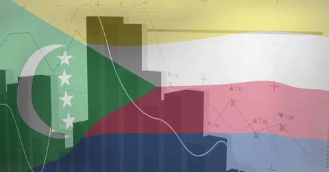 Financial data and graph image over Comoros flag background Stock Photos