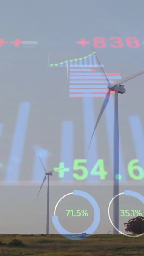 Financial data and graphs animation over wind turbines in field Stock Footage 342015618