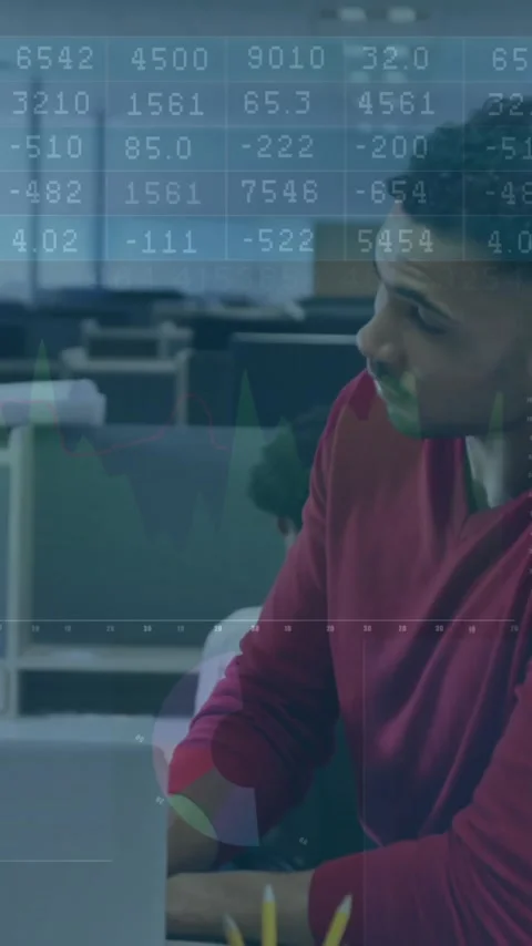 Financial data and graphs animation over diverse colleagues discussing in office 스톡 동영상 344803503