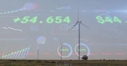 Financial data and graphs image over wind turbines in field Stock Illustration