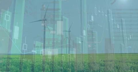 Financial data and graphs image over wind turbines and cityscape in green field Stock Illustration