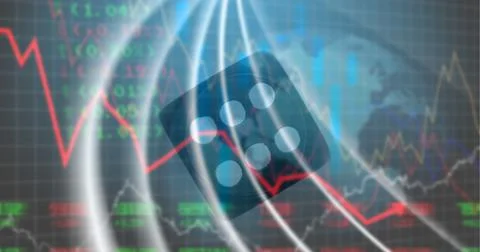 Financial data and graphs over dice against earth, finance and economy concept Stock Illustration