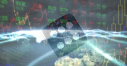 Financial data and graphs over dice against digital landscape, finance and Stock Illustration