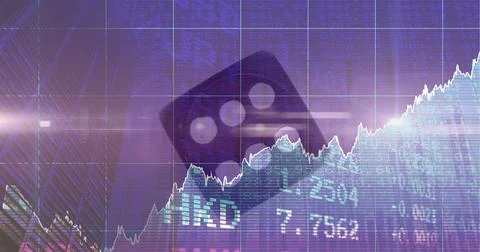 Financial data and graphs over dice against purple background, finance and Stock Illustration