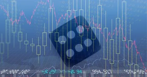 Financial data and graphs over dice against blue background, finance and economy Stock Illustration