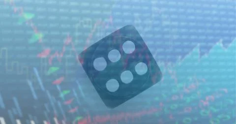 Financial data and graphs over dice against blue background, finance and economy Stock Illustration