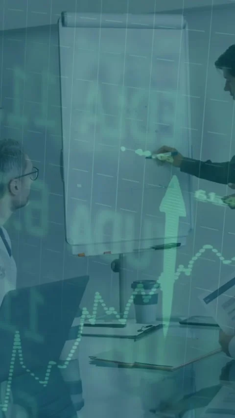 Financial data and growth chart animation over doctors in meeting room Stock Footage 342997389