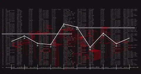 Financial data and line graph image over red cityscape on black background Illustrazione stock