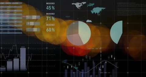 Financial data and pie chart image over blurred lights and graphs Illustrazione stock