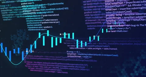 Financial data and programming code overlaying stock market graph animation Stock Footage 306240117